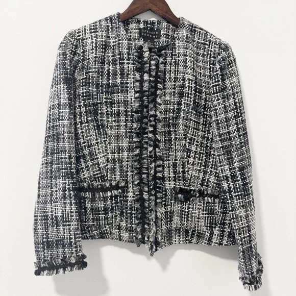 Spenser Jeremy Womens Tweed Blazer Jacket Black Gray White Fringe Open Front - Picture 1 of 9